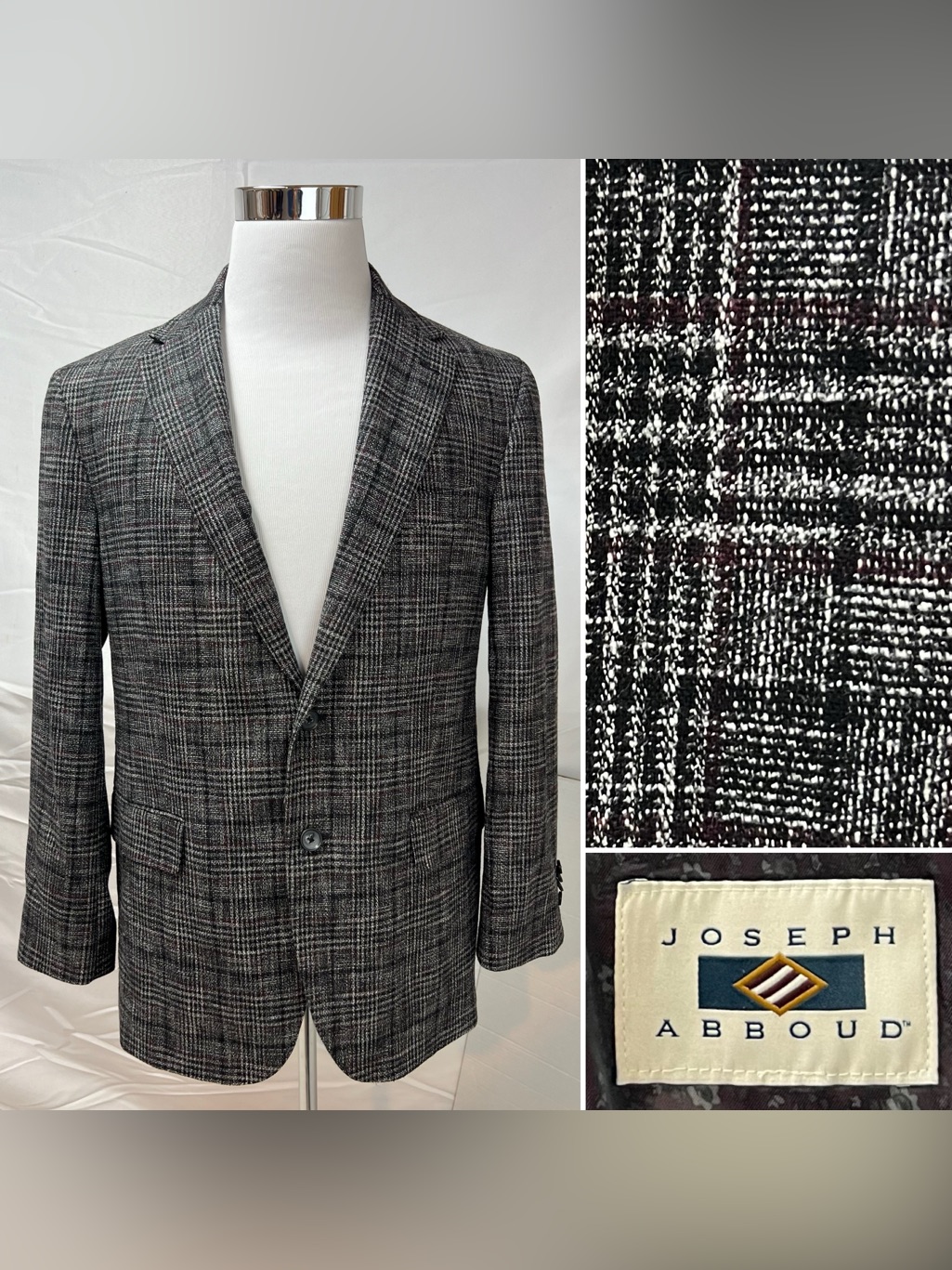 Joseph Abboud Men’s 44r Charcoal Plaid Hamilton Soft Coat 2-Button Blazer Jacket